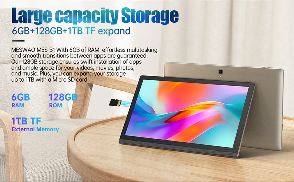MESWAO B1 Tablet, 14.1 inch 1920*1080 IPS Screen, MTK6769 8 Cores, 6GB RAM 128GB ROM, Android 13, WiFi 5 Bluetooth 5.2, 13MP+5MP Camera, 10000mAh Battery, 4*Speakers - US Plug, Golden