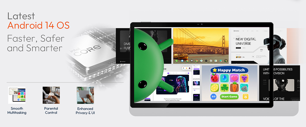 MESWAO B3 Tablet, 15.6 inch 1920*1080 IPS Screen, MTK Helio G99 8 Cores, 6GB RAM 128GB ROM, Android 14, WiFi 5 Bluetooth 5.0, 12000mAh Battery, 32MP+5MP Camera, 4*Speakers - US Plug, Grey