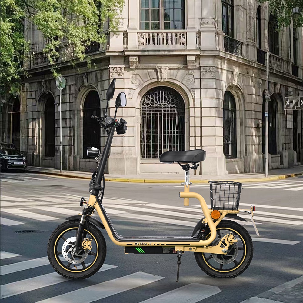 TWOFISH M5 Elite-E EEC tanúsítvánnyal rendelkező elektromos robogó üléssel és hátsó kosárral, 500 W-os motorral, 48 V 13 Ah akkumulátorral, 14 hüvelykes gumikkal, 40 km/h maximális sebességgel, 30 km hatótávolsággal, kettős tárcsa sárgasággal, első és hátsó lengéscsillapítóval