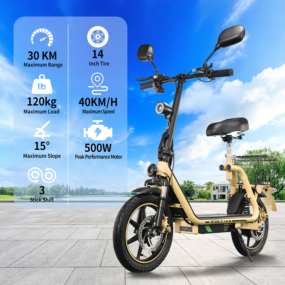TWOFISH M5 Elite-E EEC tanúsítvánnyal rendelkező elektromos robogó üléssel és hátsó kosárral, 500 W-os motorral, 48 V 13 Ah akkumulátorral, 14 hüvelykes gumikkal, 40 km/h maximális sebességgel, 30 km hatótávolsággal, kettős tárcsa sárgasággal, első és hátsó lengéscsillapítóval