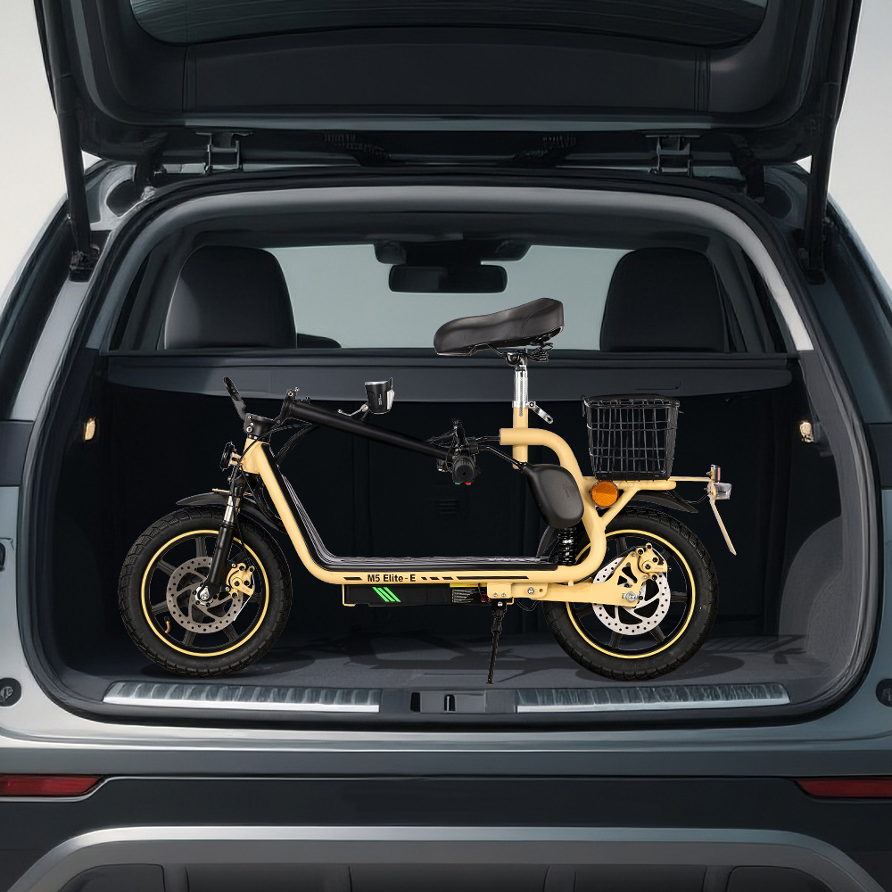 TWOFISH M5 Elite-E EEC tanúsítvánnyal rendelkező elektromos robogó üléssel és hátsó kosárral, 500 W-os motorral, 48 V 13 Ah akkumulátorral, 14 hüvelykes gumikkal, 40 km/h maximális sebességgel, 30 km hatótávolsággal, kettős tárcsa sárgasággal, első és hátsó lengéscsillapítóval