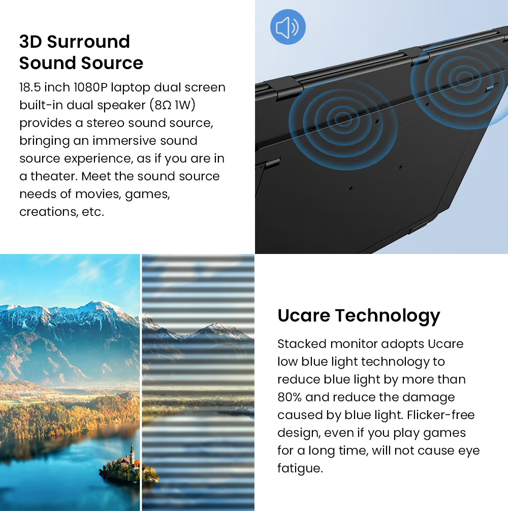 UPERFECT Delta Max Touch Dual Screen Portable Monitor, 18.5 inch 1920*1080 100Hz IPS Touchscreen, 178° Viewing Angle, Built-in Speakers, 2*Full-Featured Type-C, 1*USB, 1*mini HDMI - US Plug