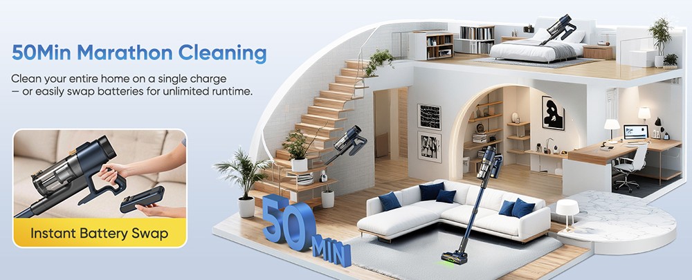 Vactidy V12 Cordless Vacuum Cleaner, 50000Pa Suction, 450W Motor, 2-in-1 Wet Dry Vacuum, LED Display, 150-Min Runtime, 0.5L Dust Bin, Green Light Dust Detection