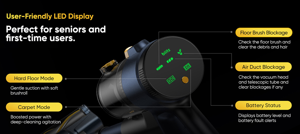 Vactidy V12 Cordless Vacuum Cleaner, 50000Pa Suction, 450W Motor, 2-in-1 Wet Dry Vacuum, LED Display, 150-Min Runtime, 0.5L Dust Bin, Green Light Dust Detection