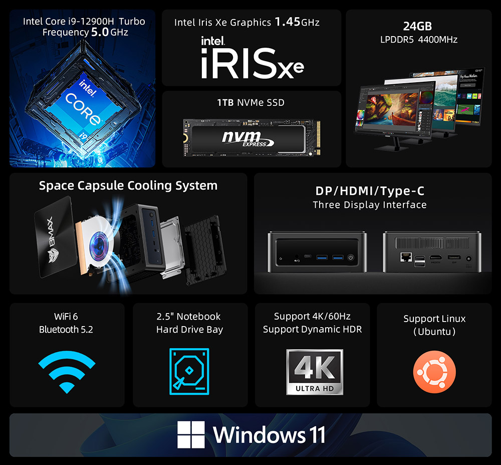 BMAX B9 Power Mini PC, Intel Core i9-12900H 14 Cores Max 5.0GHz, 32GB RAM 1TB SSD, DP+HDMI+Type-C 4K Triple Display, Support Dynamic HDR, WiFi 6 Bluetooth 5.2, 2*USB 3.2 2*USB 2.0 1*RJ45 1*3.5mm Headset Jack, Space Capsule Cooling System