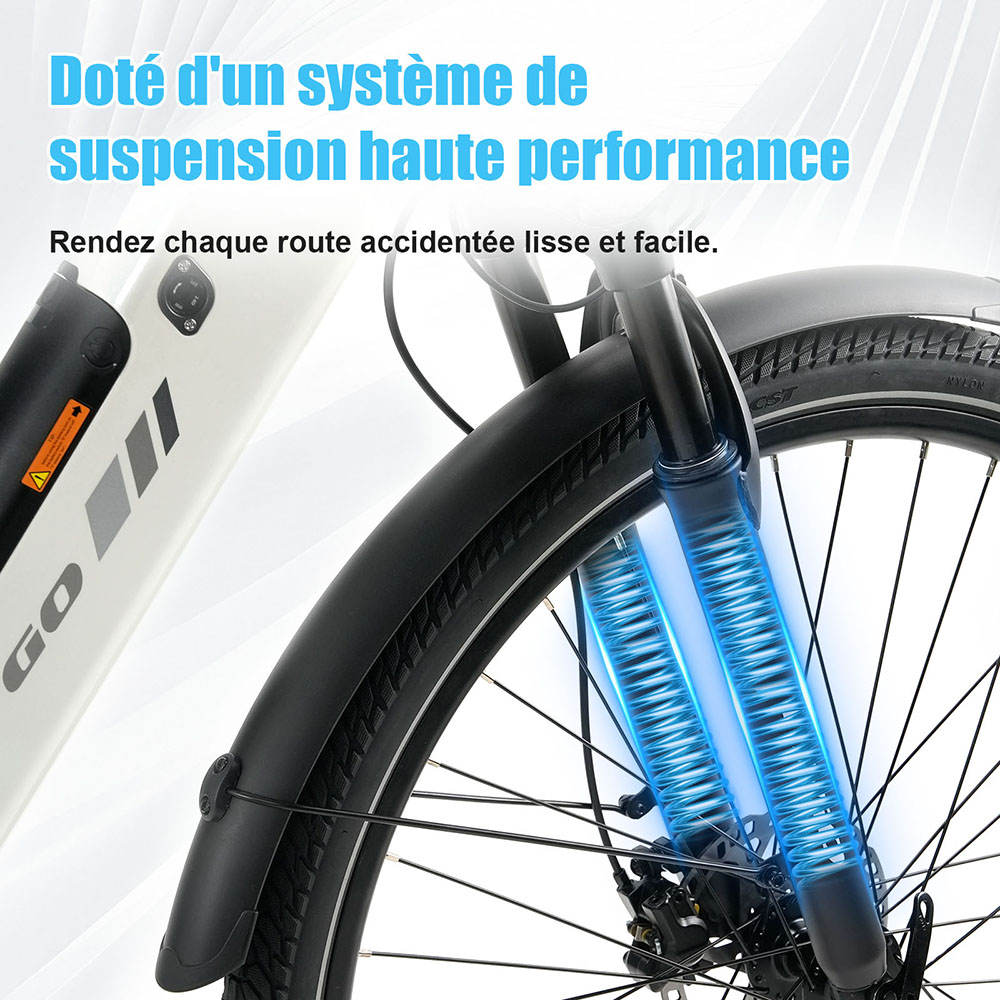 TTGO C3 Pro Vélo électrique, moteur 250W, batterie 36V 20Ah, pneus de 28 pouces, vitesse maximale de 25 km/h, autonomie maximale de 120 km, frein à disque hydraulique, fourche à suspension, capteur de couple, Shimano 7 vitesses, écran LCD - Blanc