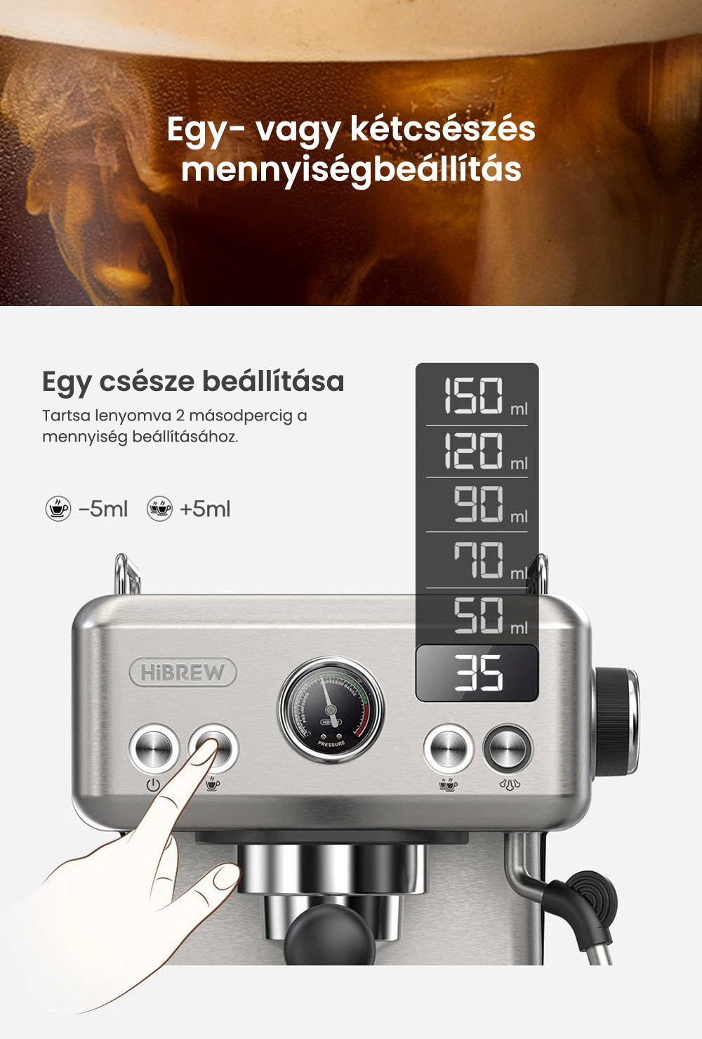 HiBREW H10A félautomata eszpresszó kávéfőző, 19 bar nyomás, tejhabosító, állítható hőmérséklet, 58 mm-es kávéadagoló, 350 ml-es kancsó, csészemelegítő, hideg/forró kávéfőző