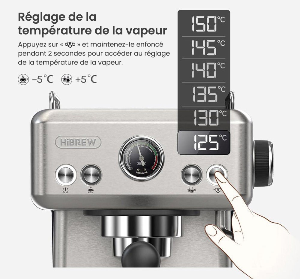 Machine à café expresso semi-automatique HiBREW H10A, pression de 19 bars, mousseur à lait, température réglable, presse à café de 58 mm, pichet de 350 ml, chauffe-tasse, cafetière froide/chaude