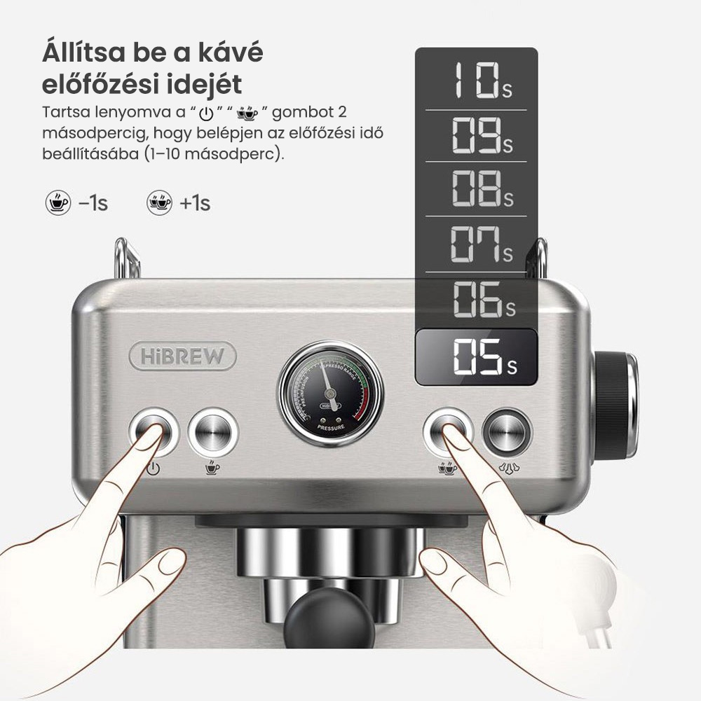 HiBREW H10A félautomata eszpresszó kávéfőző, 19 bar nyomás, tejhabosító, állítható hőmérséklet, 58 mm-es kávéadagoló, 350 ml-es kancsó, csészemelegítő, hideg/forró kávéfőző