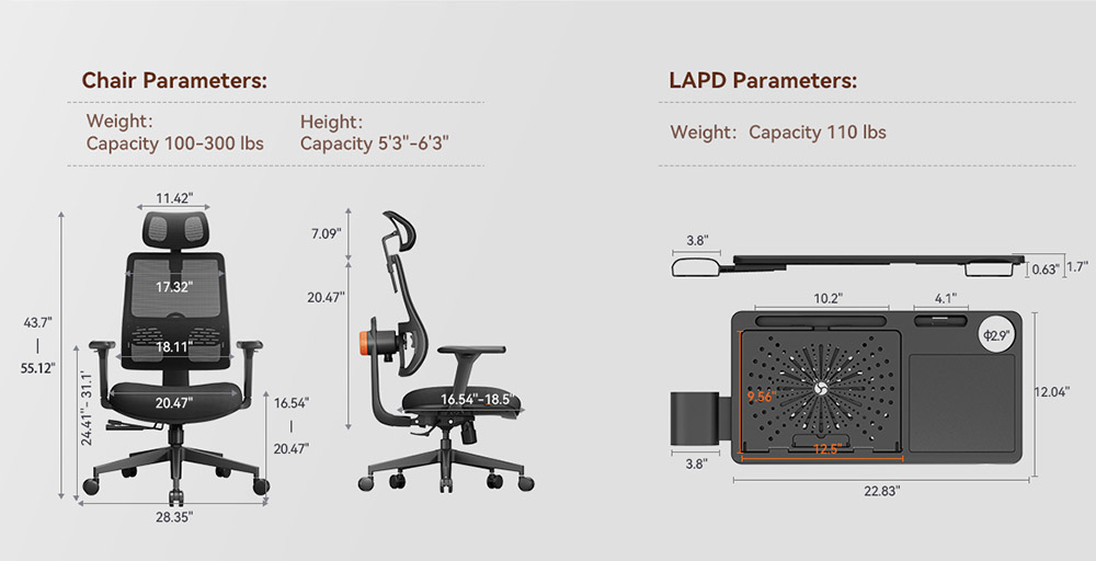 NEWTRAL MAGICH003 Ergonomischer Stuhl mit abnehmbarer Arbeitsplatte (aktualisiert), automatisch mitlaufender Rückenlehne, adaptiver Lendenwirbelstütze, verstellbarer Kopfstützen-Sitztiefe, verstellbare 3D-Armlehne und 3 Arretierungspositionen