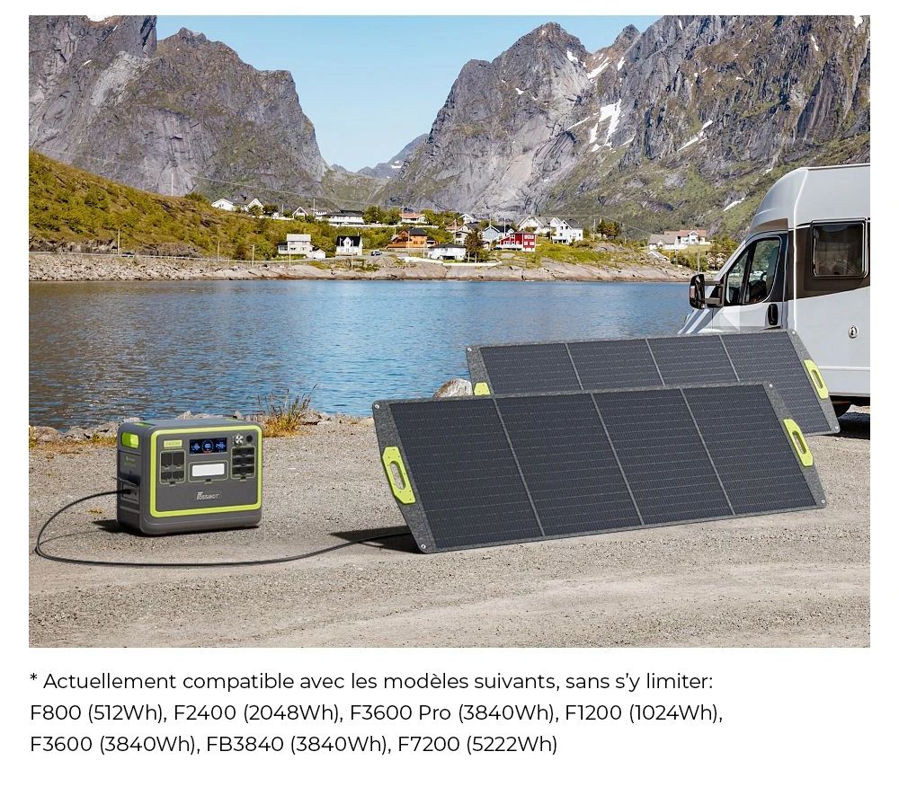 FOSSiBOT SP200 (Nouveau) 200W Panneau solaire pliable, Rendement cellulaire élevé 23,4%, Revêtement ETFE, Supports réglables pour maison, camping-car, camping, panne - Vert