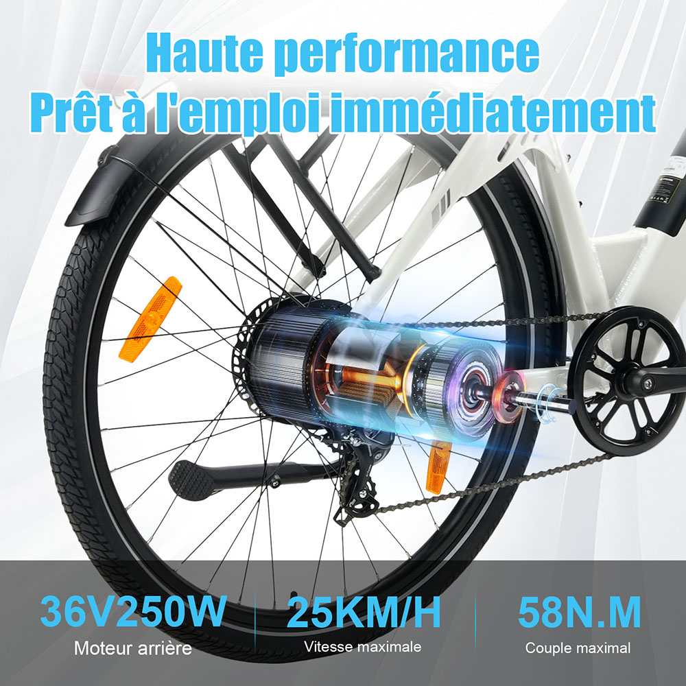 TTGO C3 Pro Vélo électrique, moteur 250W, batterie 36V 20Ah, pneus de 28 pouces, vitesse maximale de 25 km/h, autonomie maximale de 120 km, frein à disque hydraulique, fourche à suspension, capteur de couple, Shimano 7 vitesses, écran LCD - Blanc