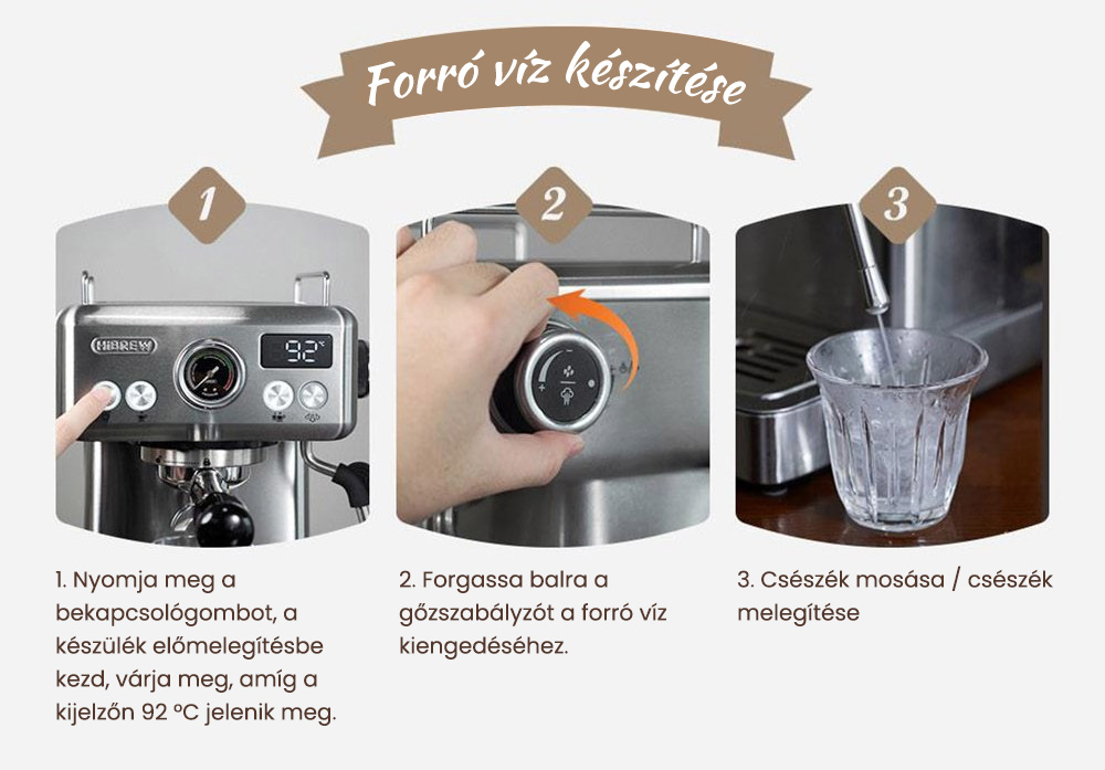 HiBREW H10A félautomata eszpresszó kávéfőző, 19 bar nyomás, tejhabosító, állítható hőmérséklet, 58 mm-es kávéadagoló, 350 ml-es kancsó, csészemelegítő, hideg/forró kávéfőző