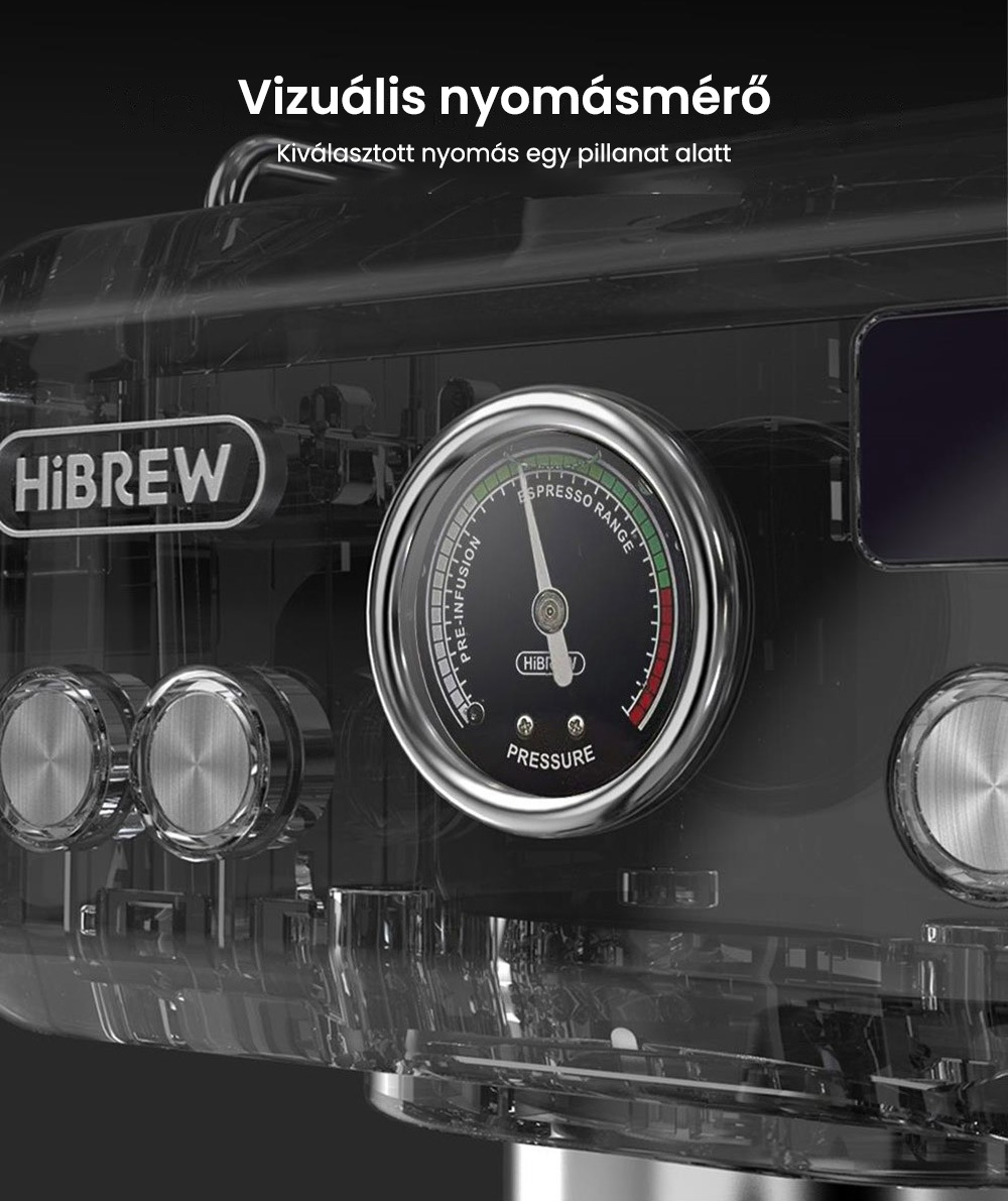 HiBREW H10A félautomata eszpresszó kávéfőző, 19 bar nyomás, tejhabosító, állítható hőmérséklet, 58 mm-es kávéadagoló, 350 ml-es kancsó, csészemelegítő, hideg/forró kávéfőző