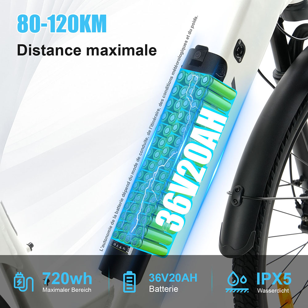 TTGO C3 Pro Vélo électrique, moteur 250W, batterie 36V 20Ah, pneus de 28 pouces, vitesse maximale de 25 km/h, autonomie maximale de 120 km, frein à disque hydraulique, fourche à suspension, capteur de couple, Shimano 7 vitesses, écran LCD - Blanc