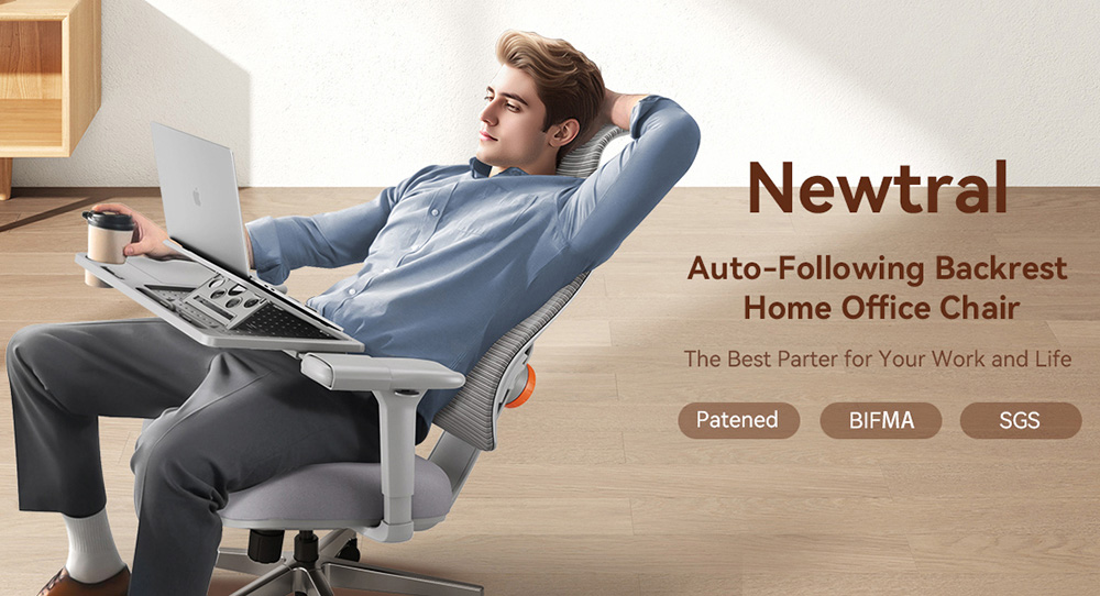 NEWTRAL MAGICH003 Ergonomikus irodai szék levehető munkaállomás asztallappal, automatikusan követő háttámlával, adaptív alsó háttámlával, állítható fejtámla ülésmélységgel, 3D kartámasz, 3 pozícióban rögzíthető, szürke