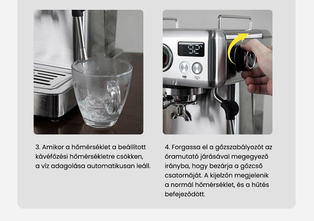 HiBREW H10A félautomata eszpresszó kávéfőző, 19 bar nyomás, tejhabosító, állítható hőmérséklet, 58 mm-es kávéadagoló, 350 ml-es kancsó, csészemelegítő, hideg/forró kávéfőző