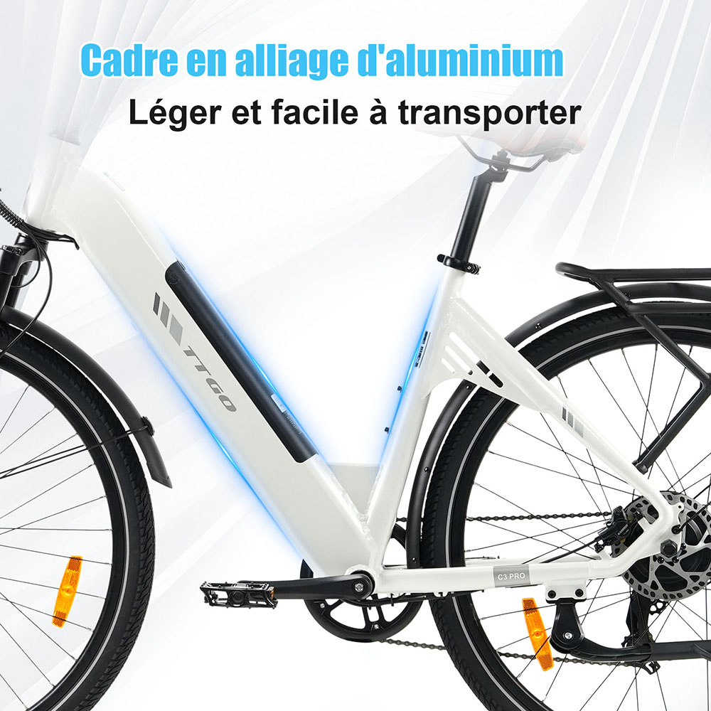 TTGO C3 Pro Vélo électrique, moteur 250W, batterie 36V 20Ah, pneus de 28 pouces, vitesse maximale de 25 km/h, autonomie maximale de 120 km, frein à disque hydraulique, fourche à suspension, capteur de couple, Shimano 7 vitesses, écran LCD - Blanc