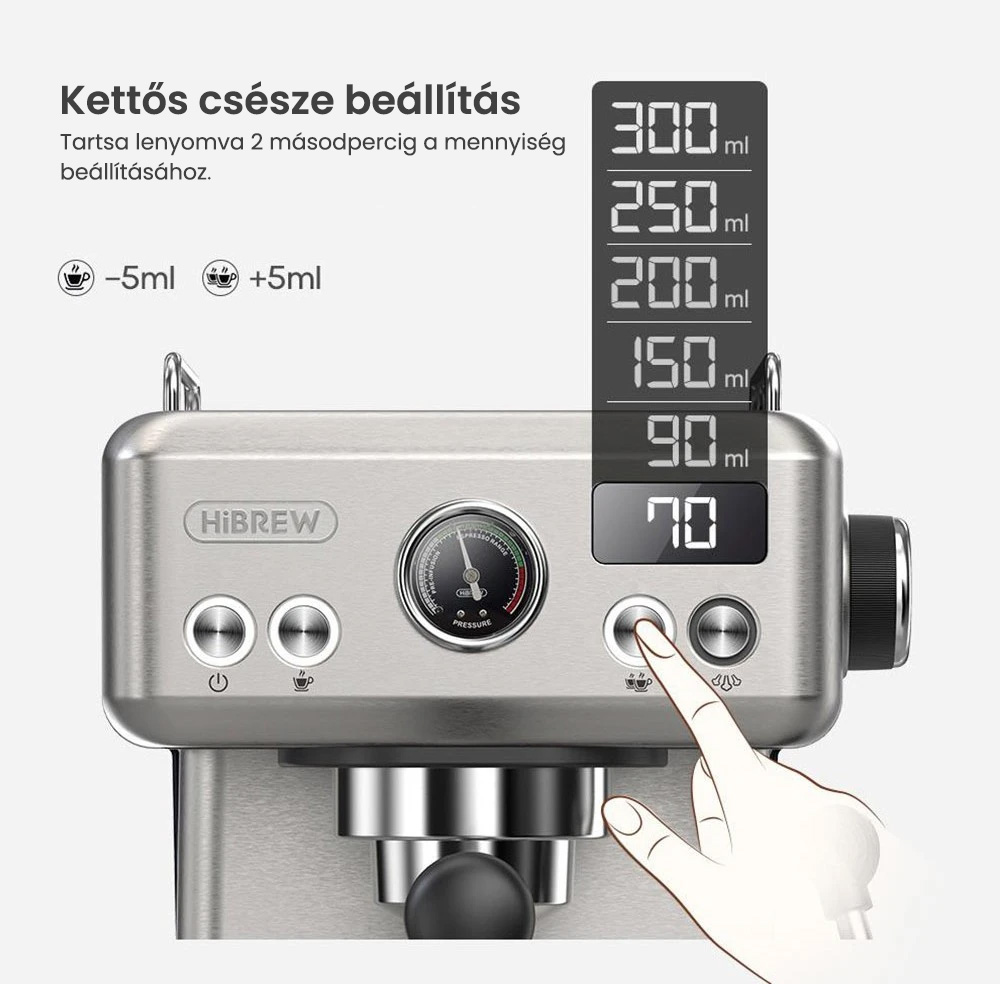 HiBREW H10A félautomata eszpresszó kávéfőző, 19 bar nyomás, tejhabosító, állítható hőmérséklet, 58 mm-es kávéadagoló, 350 ml-es kancsó, csészemelegítő, hideg/forró kávéfőző