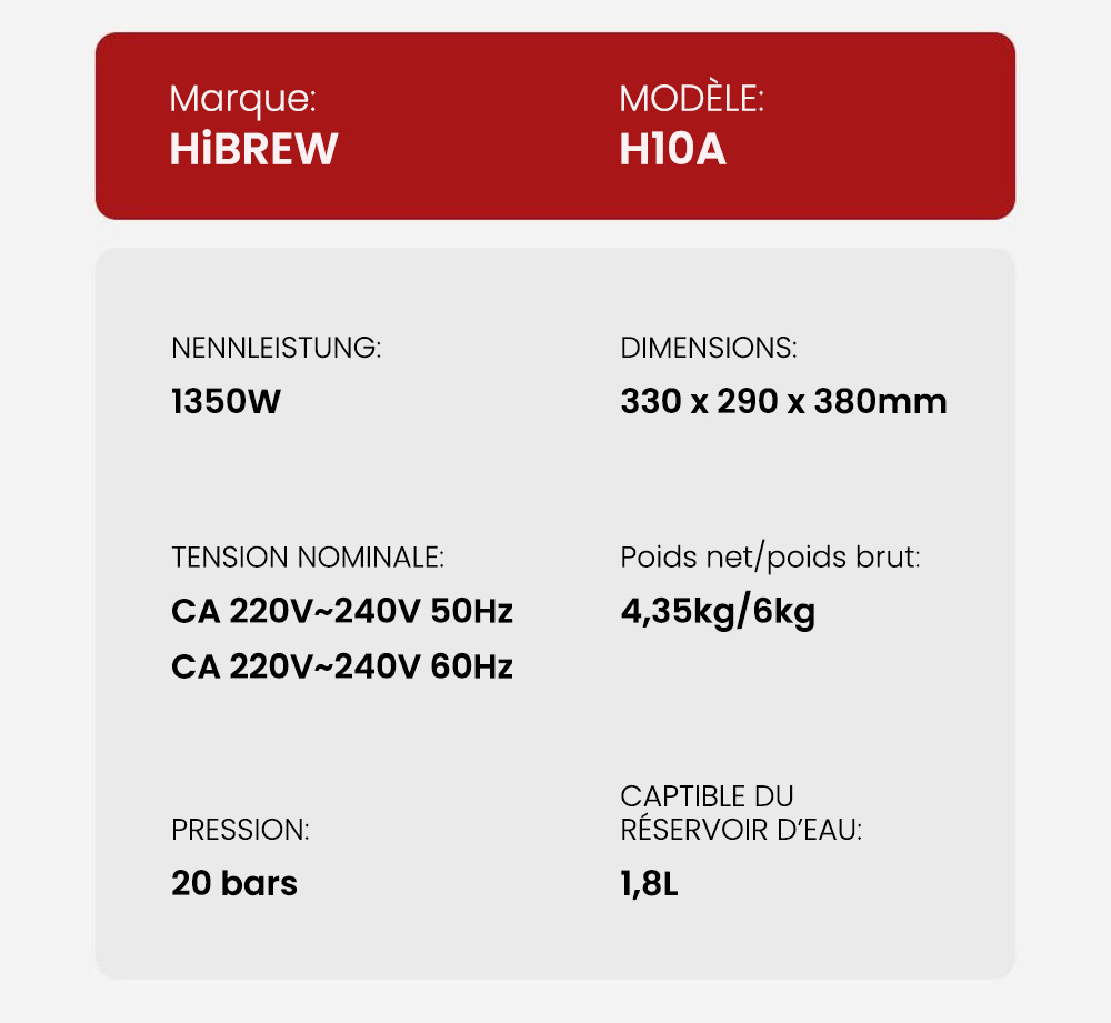 Machine à café expresso semi-automatique HiBREW H10A, pression de 19 bars, mousseur à lait, température réglable, presse à café de 58 mm, pichet de 350 ml, chauffe-tasse, cafetière froide/chaude