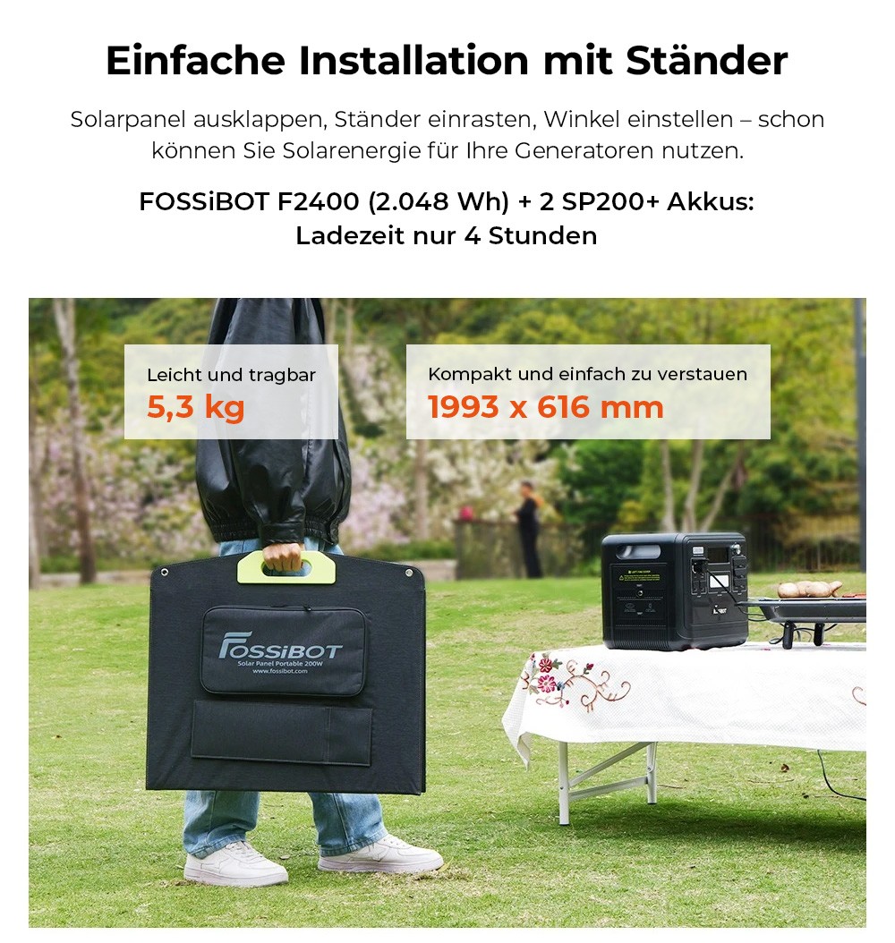 FOSSiBOT SP200 (Neu) 200W faltbares Solarpanel, 23,4% hoher Zellwirkungsgrad, ETFE-Beschichtung, verstellbare Stützen für Zuhause, Wohnmobil, Camping, Stromausfall - Grün