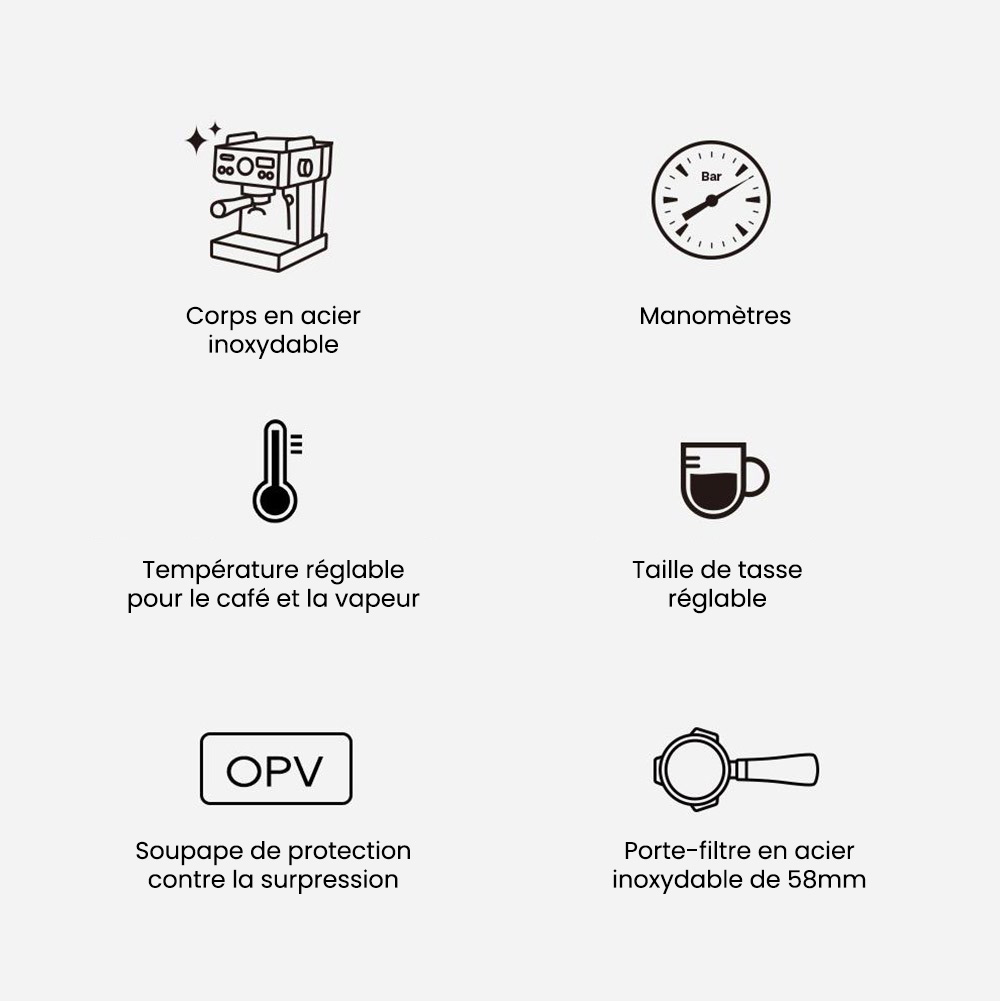 Machine à café expresso semi-automatique HiBREW H10A, pression de 19 bars, mousseur à lait, température réglable, presse à café de 58 mm, pichet de 350 ml, chauffe-tasse, cafetière froide/chaude