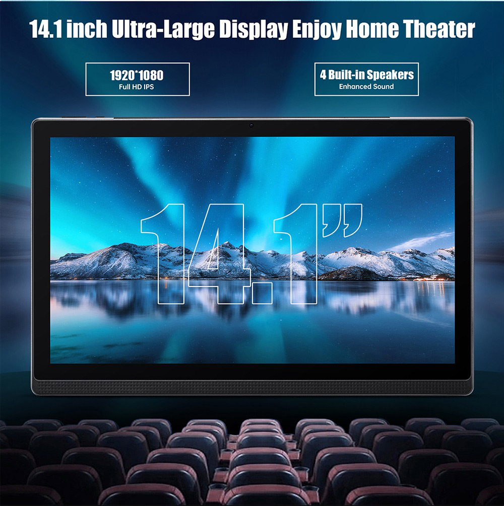 Tablette MESWAO B1, écran IPS 14,1 pouces (1920 x 1080 pixels), processeur octocœur MTK6769, 6 Go de RAM, 128 Go de ROM, Android 13, Wi-Fi 5, Bluetooth 5.2, double caméra 13 MP + 5 MP, batterie 10 000 mAh, 4 haut-parleurs, prise européenne, couleur or