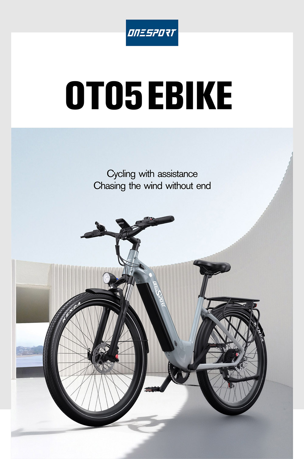 ONESPORT OT05 City Elektrofahrrad, 250 W Motor, 36 V 18,2 Ah Akku, 27,5 x 2,25 Zoll Reifen, 25 km/h Höchstgeschwindigkeit, 120 km maximale Reichweite, Shimano 7 Gänge, hydraulische Scheibenbremse - Grau