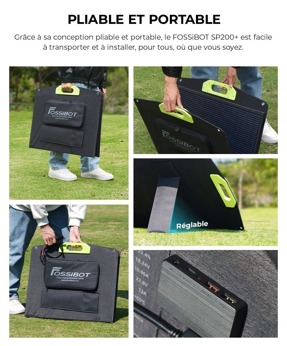 FOSSiBOT SP200 (Nouveau) 200W Panneau solaire pliable, Rendement cellulaire élevé 23,4%, Revêtement ETFE, Supports réglables pour maison, camping-car, camping, panne - Vert