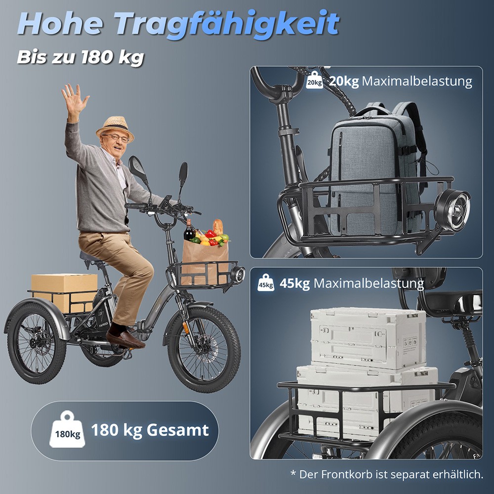 Fafrees F20 Mate Elektrisches Lastendreirad EU L1e-B Zertifizierte Version, 500W Motor, 48V 21Ah Batterie, 20*3 Zoll Reifen, 30km/h Maximalgeschwindigkeit, 115km Maximalreichweite, Hydraulische Scheibenbremse, Dreifach-Federungssystem, LCD-Display - Blau