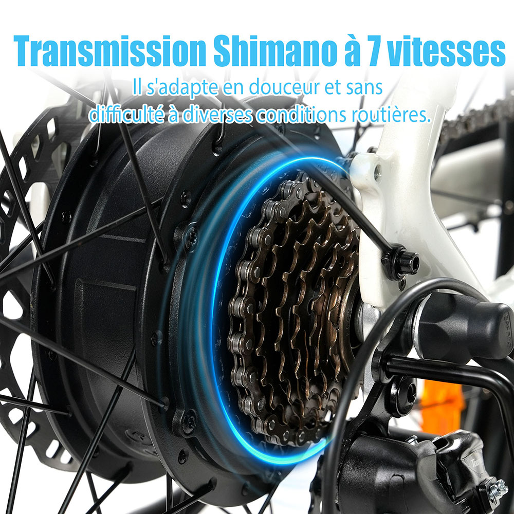 TTGO C3 Pro Vélo électrique, moteur 250W, batterie 36V 20Ah, pneus de 28 pouces, vitesse maximale de 25 km/h, autonomie maximale de 120 km, frein à disque hydraulique, fourche à suspension, capteur de couple, Shimano 7 vitesses, écran LCD - Blanc