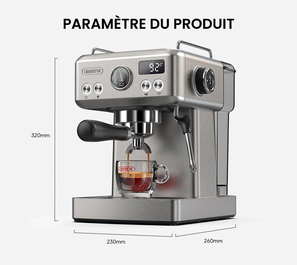 Machine à café expresso semi-automatique HiBREW H10A, pression de 19 bars, mousseur à lait, température réglable, presse à café de 58 mm, pichet de 350 ml, chauffe-tasse, cafetière froide/chaude