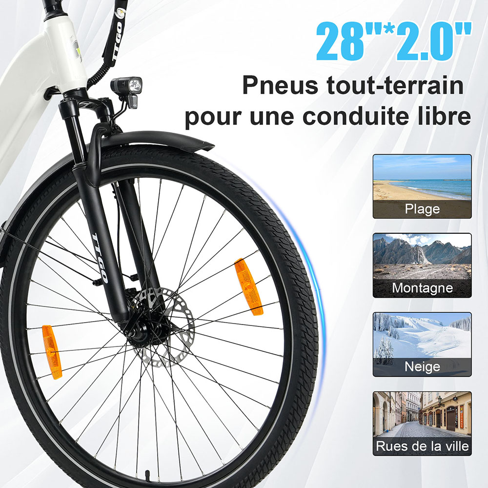 TTGO C3 Pro Vélo électrique, moteur 250W, batterie 36V 20Ah, pneus de 28 pouces, vitesse maximale de 25 km/h, autonomie maximale de 120 km, frein à disque hydraulique, fourche à suspension, capteur de couple, Shimano 7 vitesses, écran LCD - Blanc