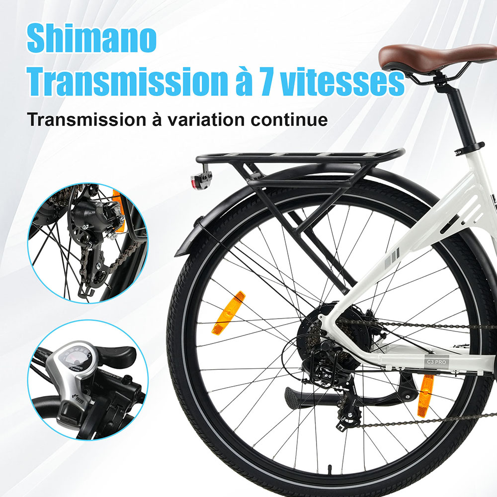 TTGO C3 Pro Vélo électrique, moteur 250W, batterie 36V 20Ah, pneus de 28 pouces, vitesse maximale de 25 km/h, autonomie maximale de 120 km, frein à disque hydraulique, fourche à suspension, capteur de couple, Shimano 7 vitesses, écran LCD - Blanc