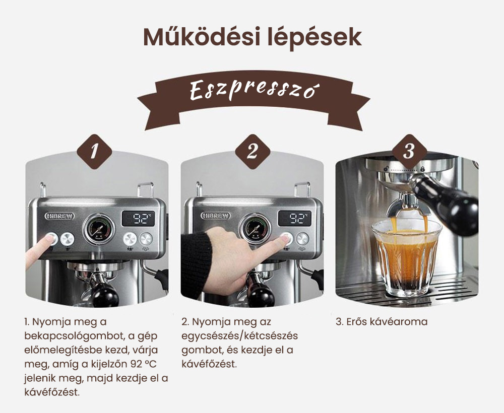 HiBREW H10A félautomata eszpresszó kávéfőző, 19 bar nyomás, tejhabosító, állítható hőmérséklet, 58 mm-es kávéadagoló, 350 ml-es kancsó, csészemelegítő, hideg/forró kávéfőző