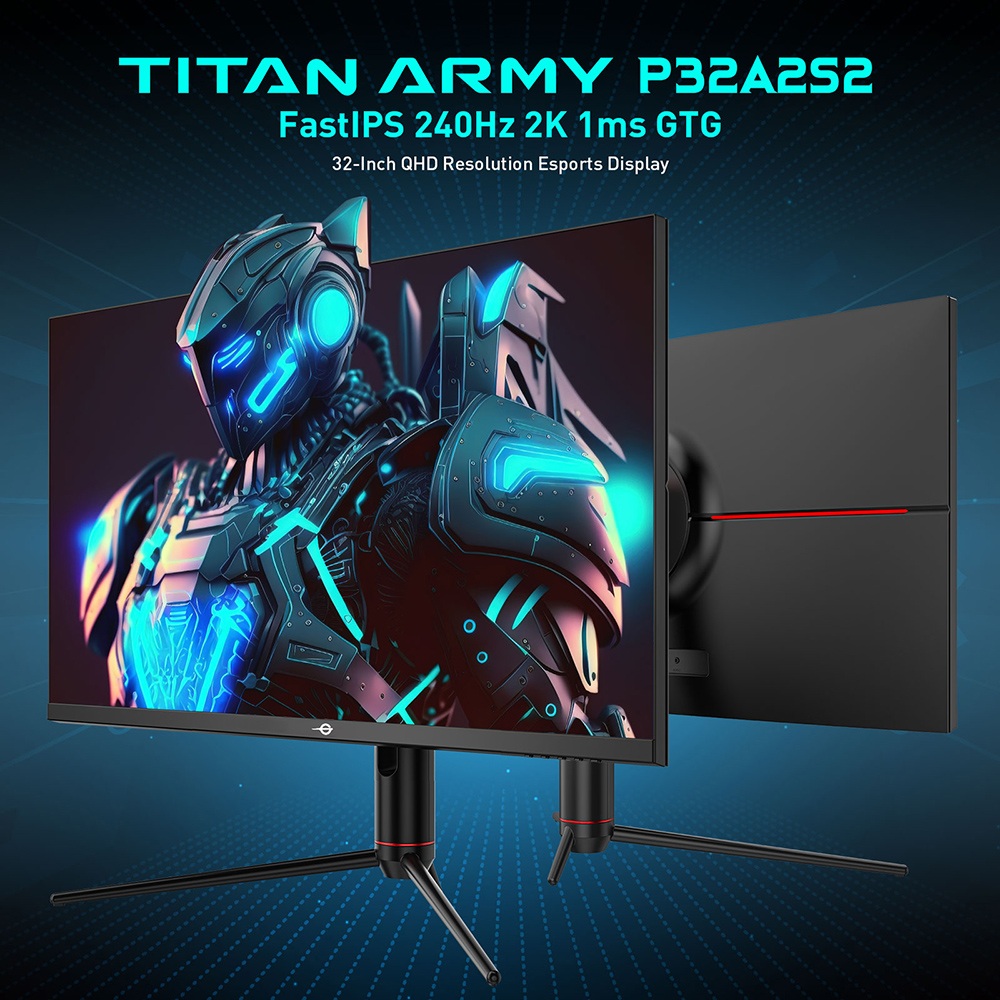 TITAN ARMY P32A2S2 gamer monitor, 2560 x 1440 QHD FAST IPS Panel, 240Hz Frissítési frekvencia, HDR400, 1ms GTG, GamePlus mód, Adaptív szinkron, PIP/PBP Osztott Képernyő, 2*HDMI 2.1 2*DP 1.4, E-Sport Háttérvilágítás, Állítható Állvány