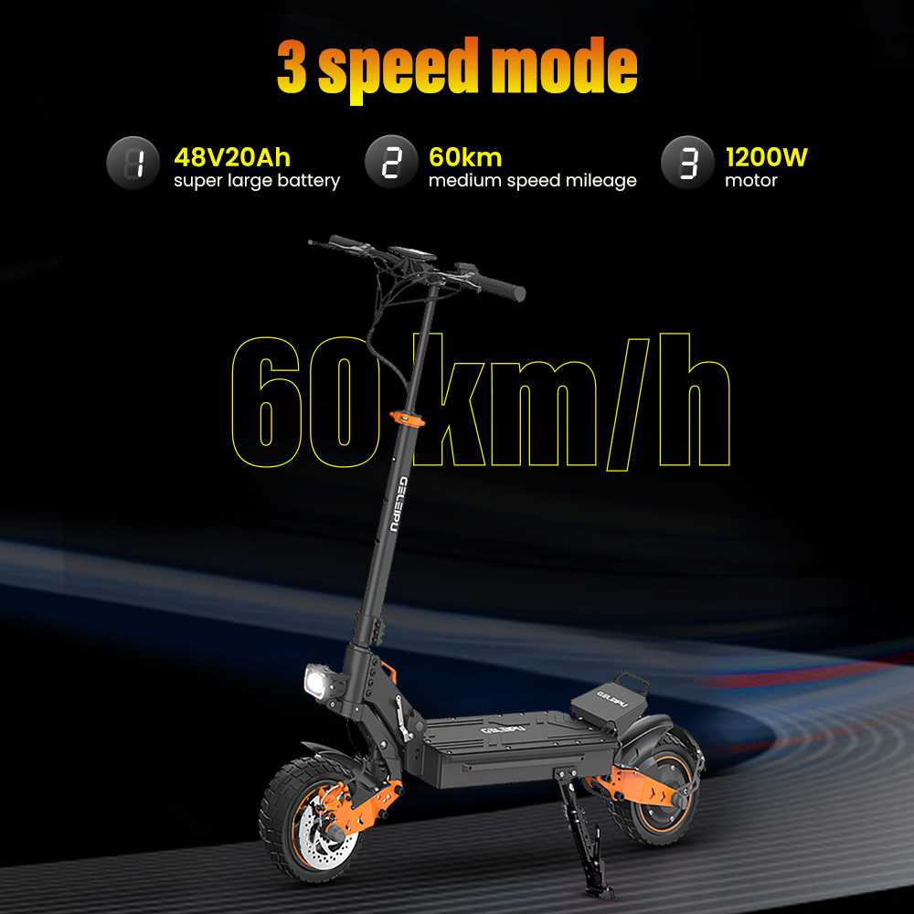GELEIPU Z1 elektromos robogó, 1200 W-os motor, 48 V 20 Ah akkumulátor, 10 hüvelykes gumik, 60 km/h maximális sebesség, 60 km hatótáv, első és hátsó tárcsafék, négykaros lengéscsillapító