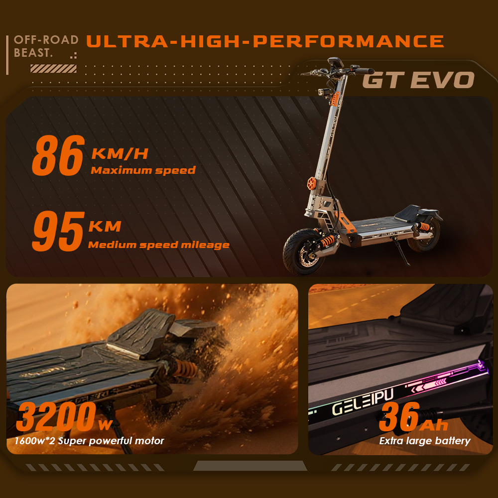 GELEIPU GT EVO elektromos robogó, 1600 W*2 motor, 60 V 36 Ah akkumulátor, 11 hüvelykes gumik, 86 km/h maximális sebesség, 95 km hatótáv, hidraulikus fékek, hidraulikus rugós lengéscsillapító
