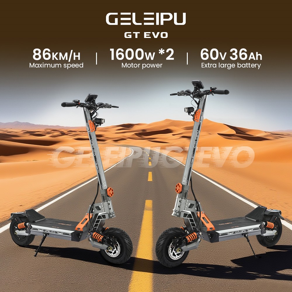 GELEIPU GT EVO elektromos robogó, 1600 W*2 motor, 60 V 36 Ah akkumulátor, 11 hüvelykes gumik, 86 km/h maximális sebesség, 95 km hatótáv, hidraulikus fékek, hidraulikus rugós lengéscsillapító