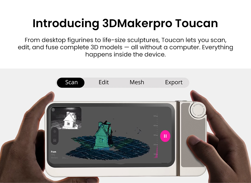 3DMakerpro Toucan prémium 3D szkenner, 0,03 mm-es pontosság, önálló többfunkciós készülék, kettős látószög 135×185–1000×750 mm, 48 MP színes, 6600 mAh-s akkumulátor, Wi-Fi 6