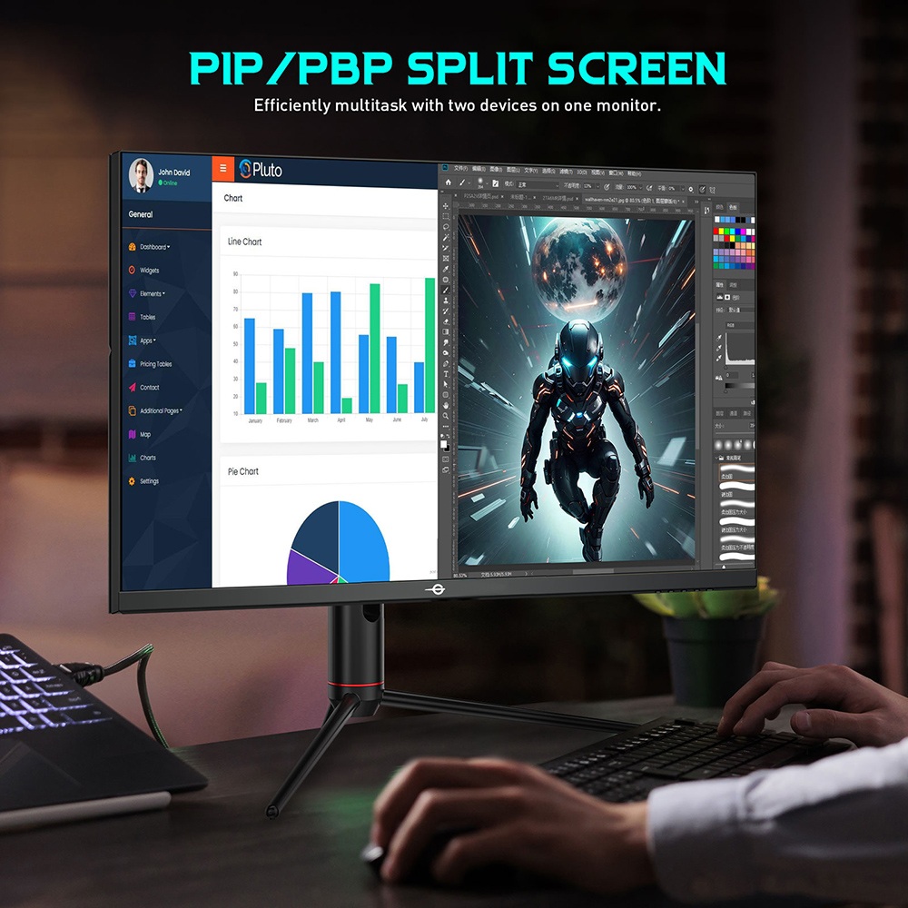 TITAN ARMY P32A2S2 gamer monitor, 2560 x 1440 QHD FAST IPS Panel, 240Hz Frissítési frekvencia, HDR400, 1ms GTG, GamePlus mód, Adaptív szinkron, PIP/PBP Osztott Képernyő, 2*HDMI 2.1 2*DP 1.4, E-Sport Háttérvilágítás, Állítható Állvány