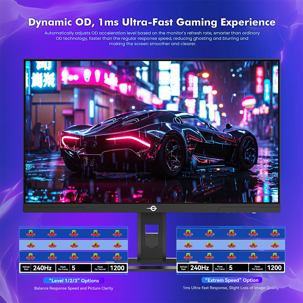 TITAN ARMY P2710S gamer monitor, 27 hüvelykes 2560*1440 16:9 képarányú, gyors IPS LCD képernyő, 240 Hz-es frissítési gyakoriság, 1 ms GTG, HDR 400, Adaptív szinkronizálás, Játék mód és 10 forgatókönyv mód, Forgatható állvány, Falra szerelhető