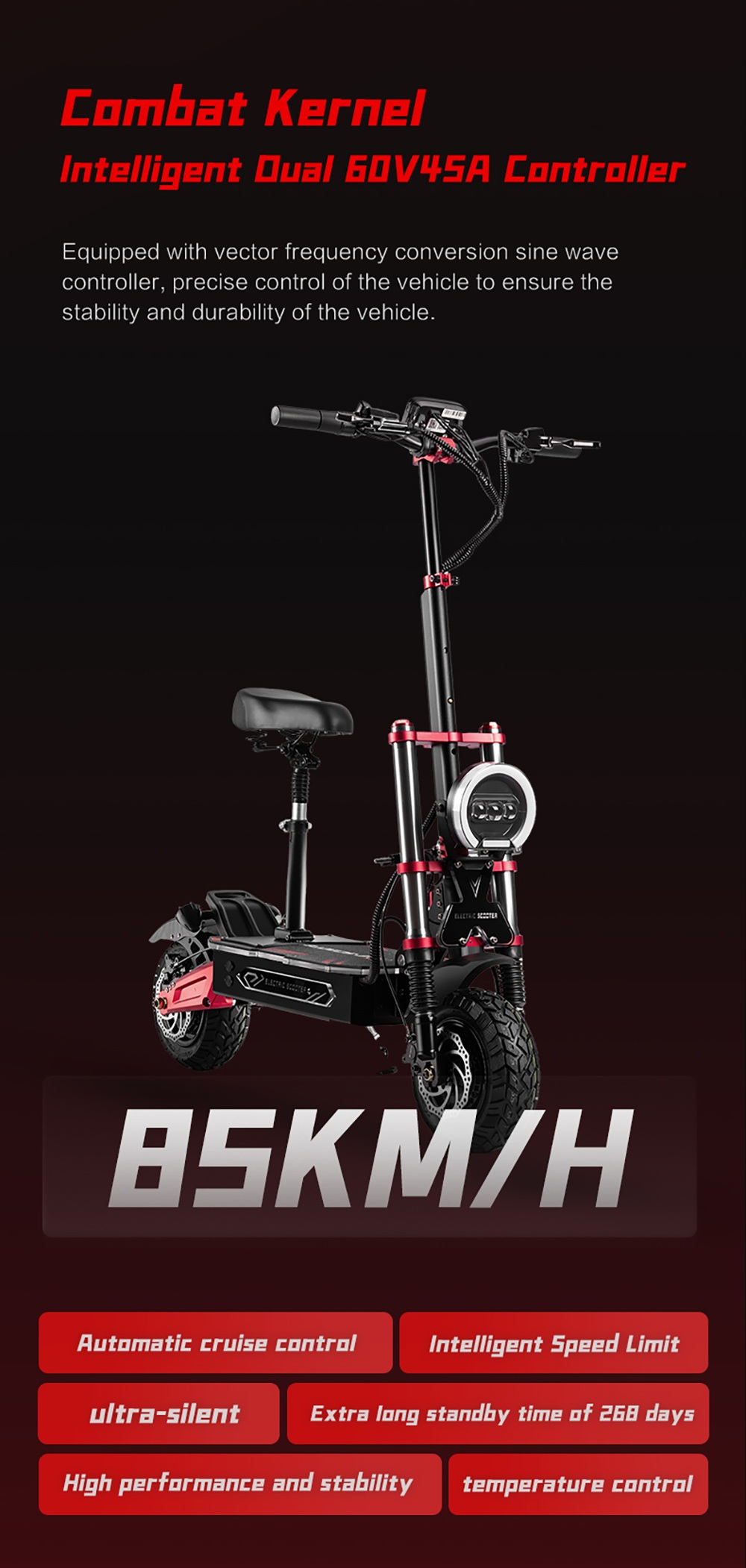 BOYUEDA S5-11 Trottinette électrique, moteur 2*3000W, batterie 60V 38AH, pneu 11 pouces, vitesse maximale 85km/h, autonomie 120km, freins à disque hydrauliques doubles, amortisseur hydraulique, écran LCD