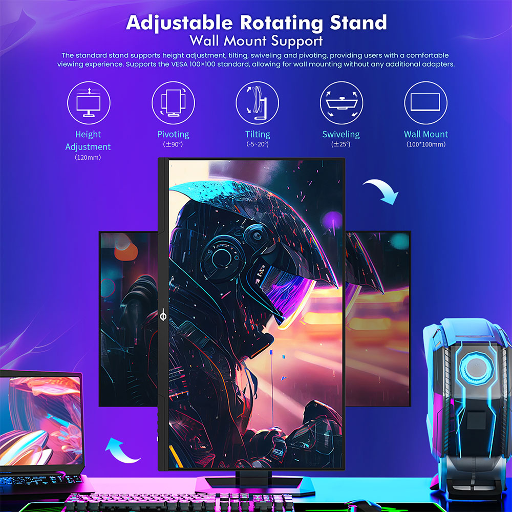 TITAN ARMY P2710S Moniteur de jeu, écran LCD IPS rapide 27 pouces 2560*1440 16:9, taux de rafraîchissement de 240 Hz, 1 ms GTG, HDR 400, Adaptive-Sync, OD dynamique, mode jeu et 10 modes de scénario, mode écran partagé PBP et PIP, support rotatif, montage mural