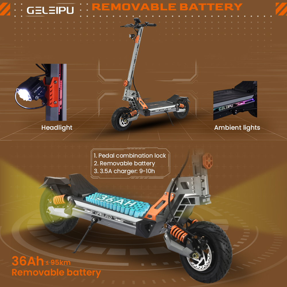GELEIPU GT EVO elektromos robogó, 1600 W*2 motor, 60 V 36 Ah akkumulátor, 11 hüvelykes gumik, 86 km/h maximális sebesség, 95 km hatótáv, hidraulikus fékek, hidraulikus rugós lengéscsillapító