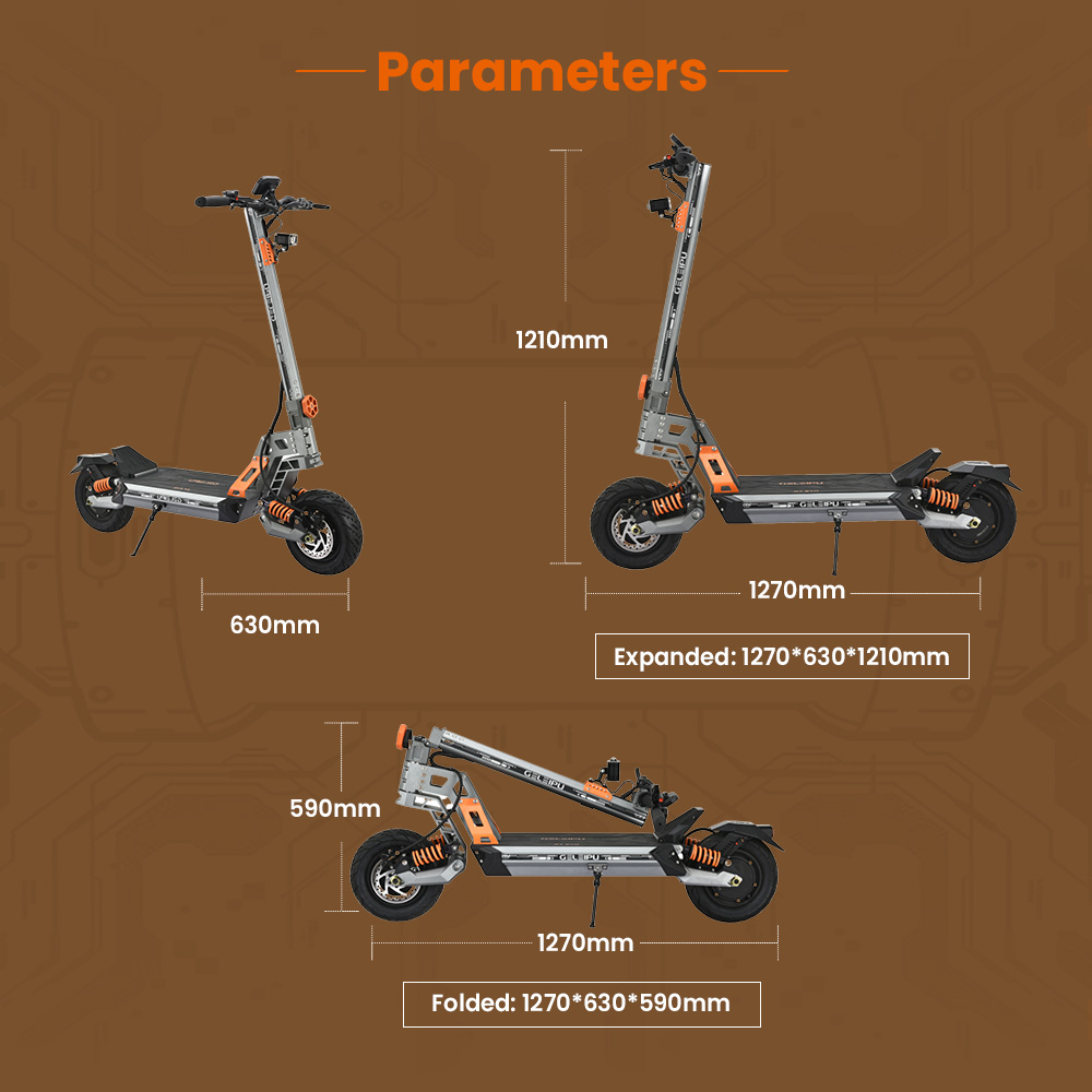 GELEIPU GT EVO elektromos robogó, 1600 W*2 motor, 60 V 36 Ah akkumulátor, 11 hüvelykes gumik, 86 km/h maximális sebesség, 95 km hatótáv, hidraulikus fékek, hidraulikus rugós lengéscsillapító