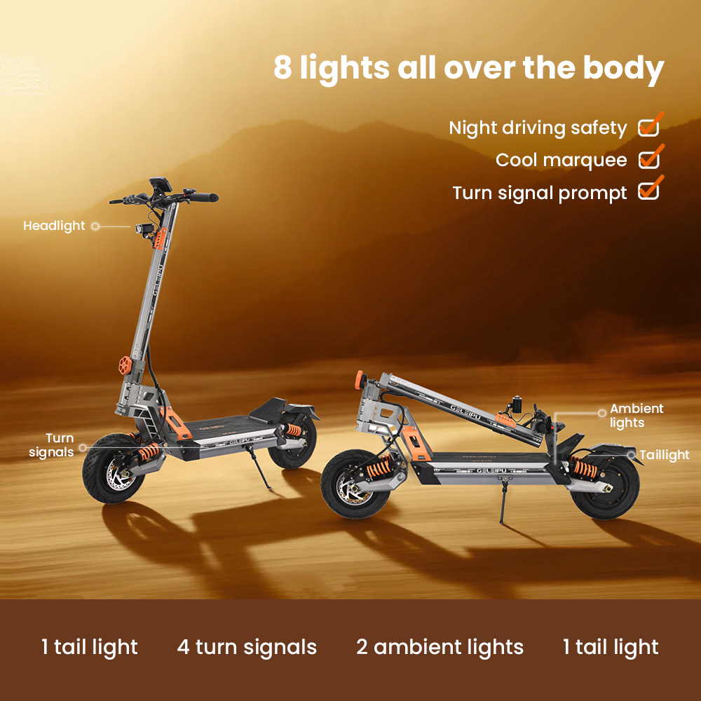 GELEIPU GT EVO elektromos robogó, 1600 W*2 motor, 60 V 36 Ah akkumulátor, 11 hüvelykes gumik, 86 km/h maximális sebesség, 95 km hatótáv, hidraulikus fékek, hidraulikus rugós lengéscsillapító