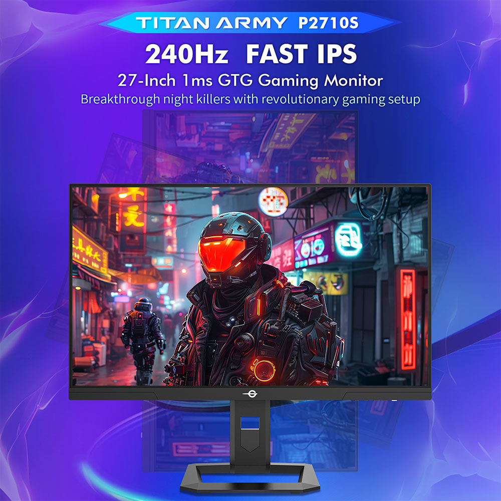 TITAN ARMY P2710S Moniteur de jeu, écran LCD IPS rapide 27 pouces 2560*1440 16:9, taux de rafraîchissement de 240 Hz, 1 ms GTG, HDR 400, Adaptive-Sync, OD dynamique, mode jeu et 10 modes de scénario, mode écran partagé PBP et PIP, support rotatif, montage mural
