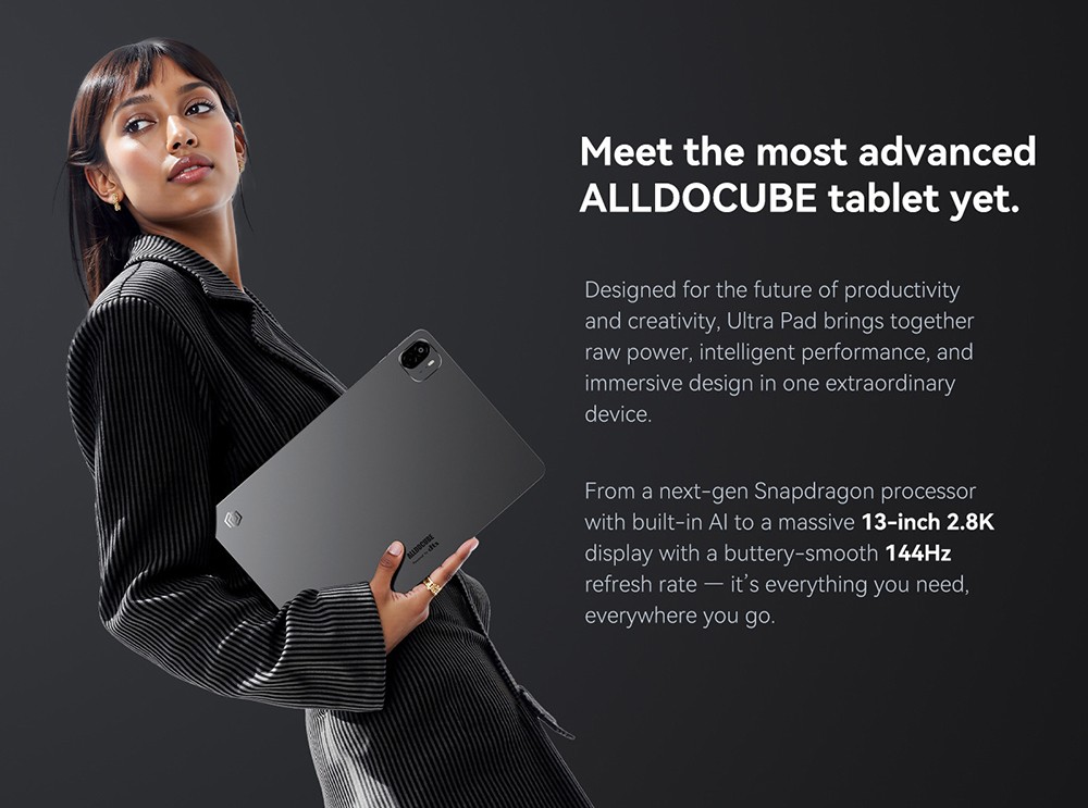 ALLDOCUBE Ultra Pad AI Tablet, 13 hüvelykes 2880*1840 144Hz IPS Kijelző, Android 15, Qualcomm Snapdragon 7+Gen3 8 Mag, 12 GB RAM 256 GB ROM, WiFi 6 Bluetooth 5.4, 13M+5M Kamera, 8*Hangszóró, 15000mAh Akkumulátor, 33W PD Töltés