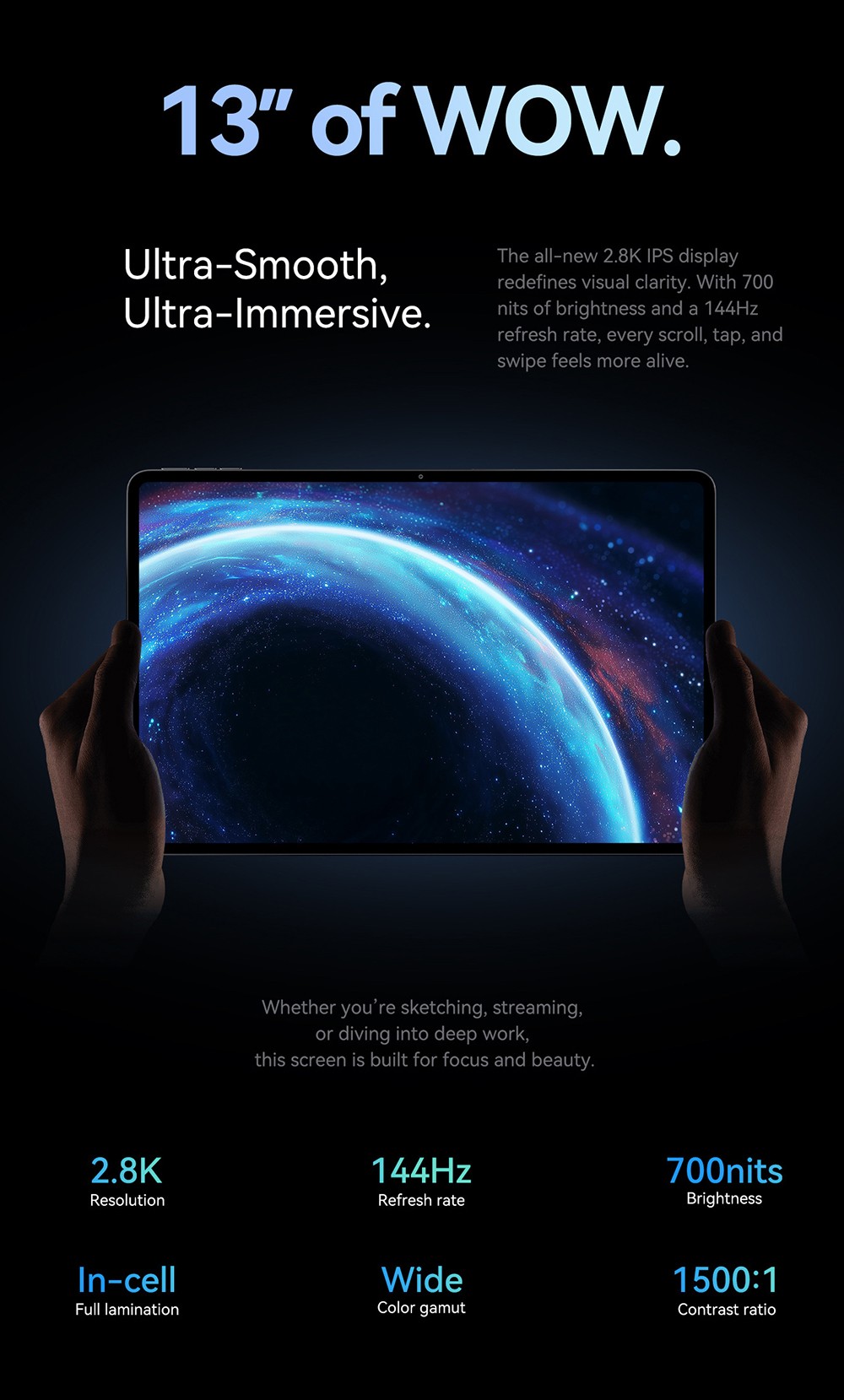 ALLDOCUBE Ultra Pad AI Tablet, 13 hüvelykes 2880*1840 144Hz IPS Kijelző, Android 15, Qualcomm Snapdragon 7+Gen3 8 Mag, 12 GB RAM 256 GB ROM, WiFi 6 Bluetooth 5.4, 13M+5M Kamera, 8*Hangszóró, 15000mAh Akkumulátor, 33W PD Töltés